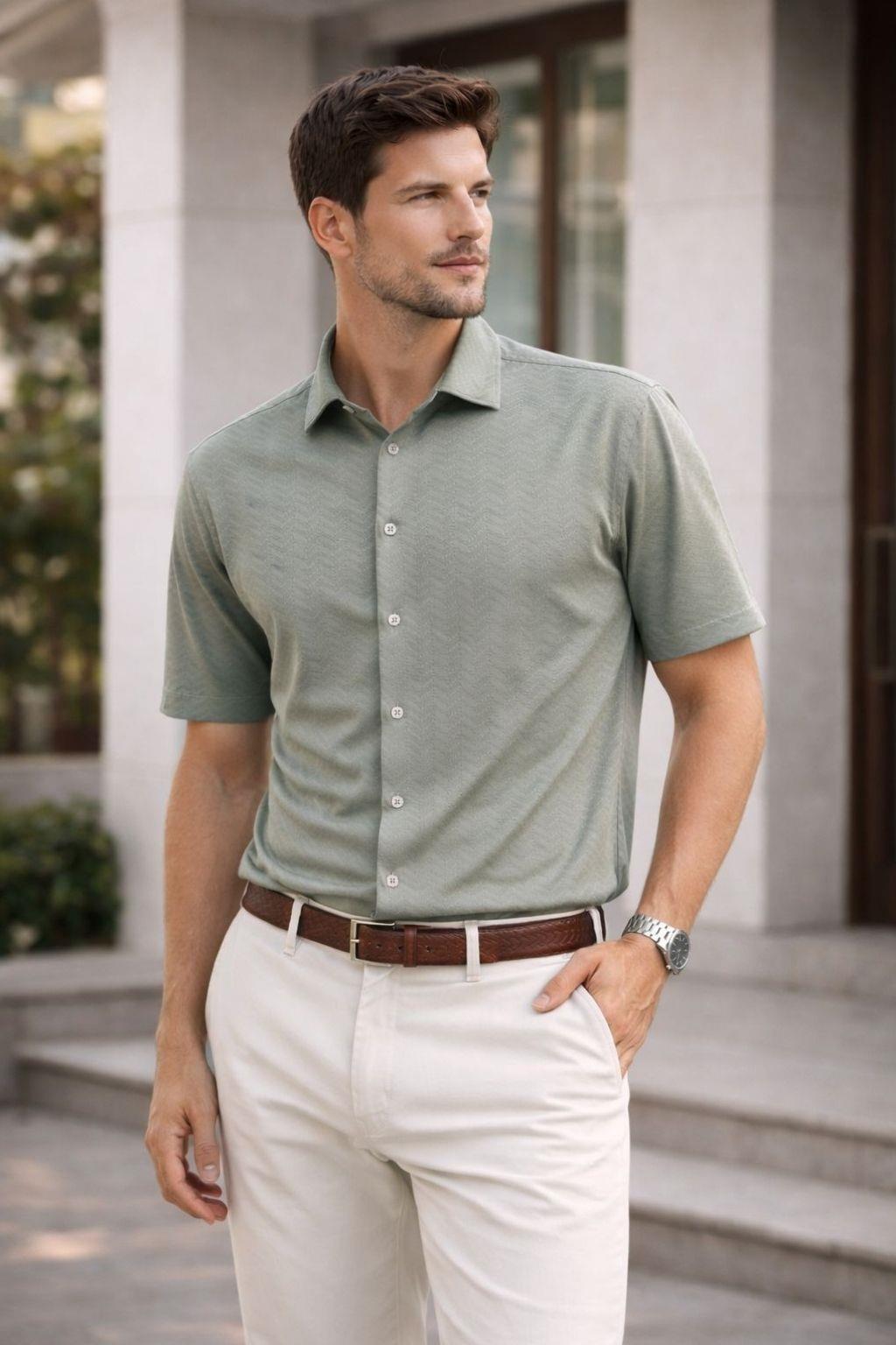 Erkek Kısa Kollu Kendinden Desenli Dokulu Slim Fit Gömlek Yeşil