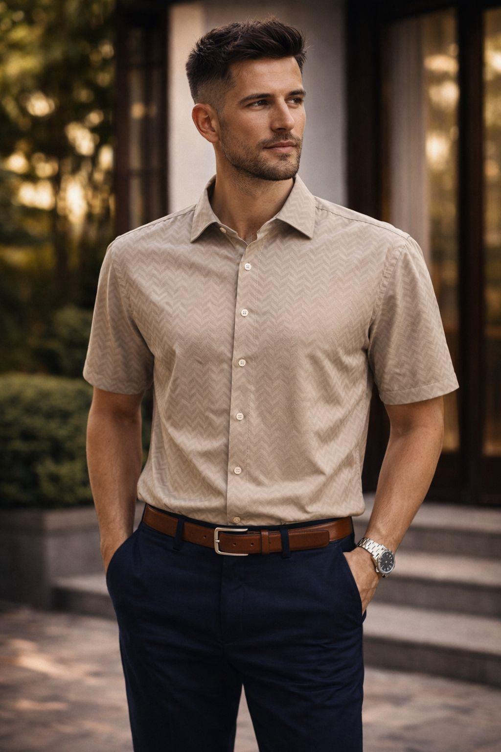 Erkek Kısa Kollu Kendinden Desenli Dokulu Slim Fit Gömlek Bej