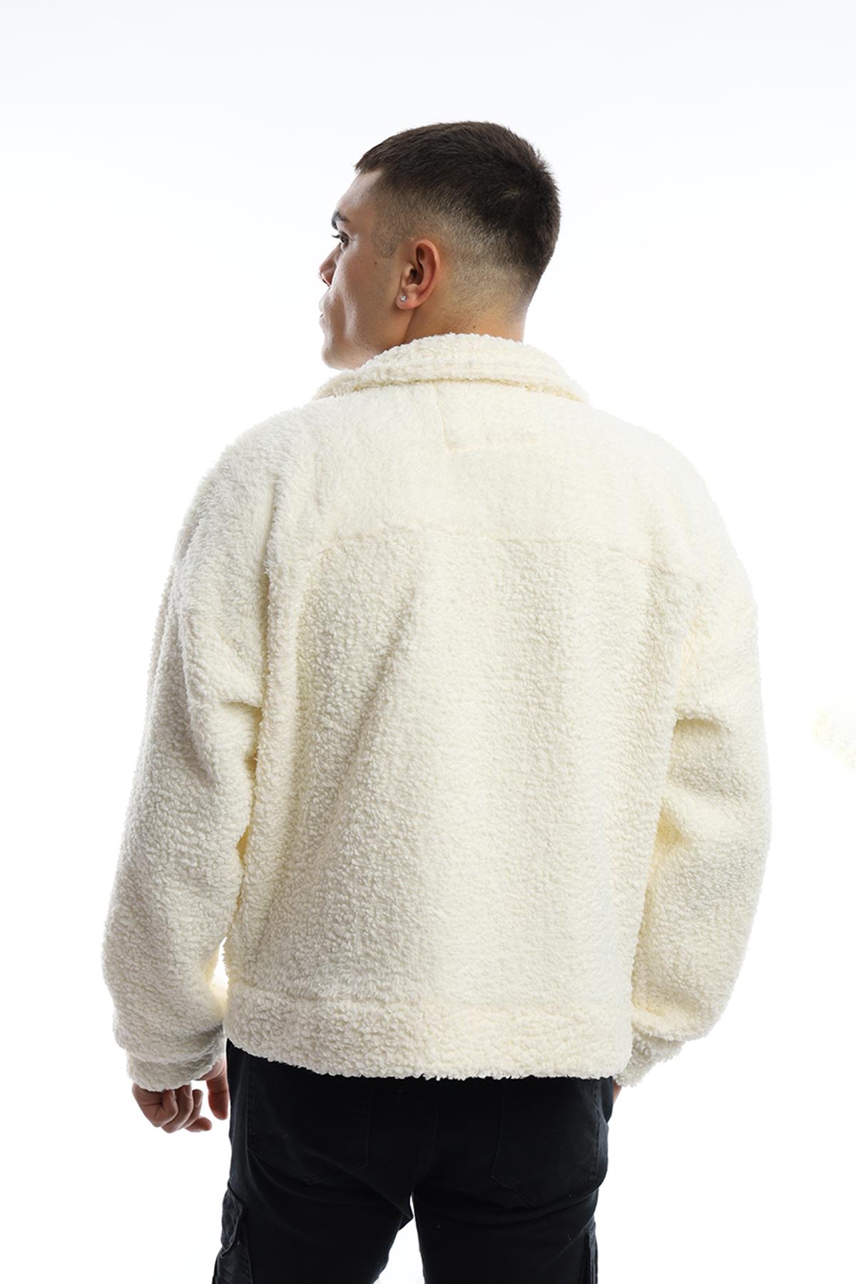 Erkek Oversize Çıt Çıt Kapamalı Cepli Ekru Peluş Ceket