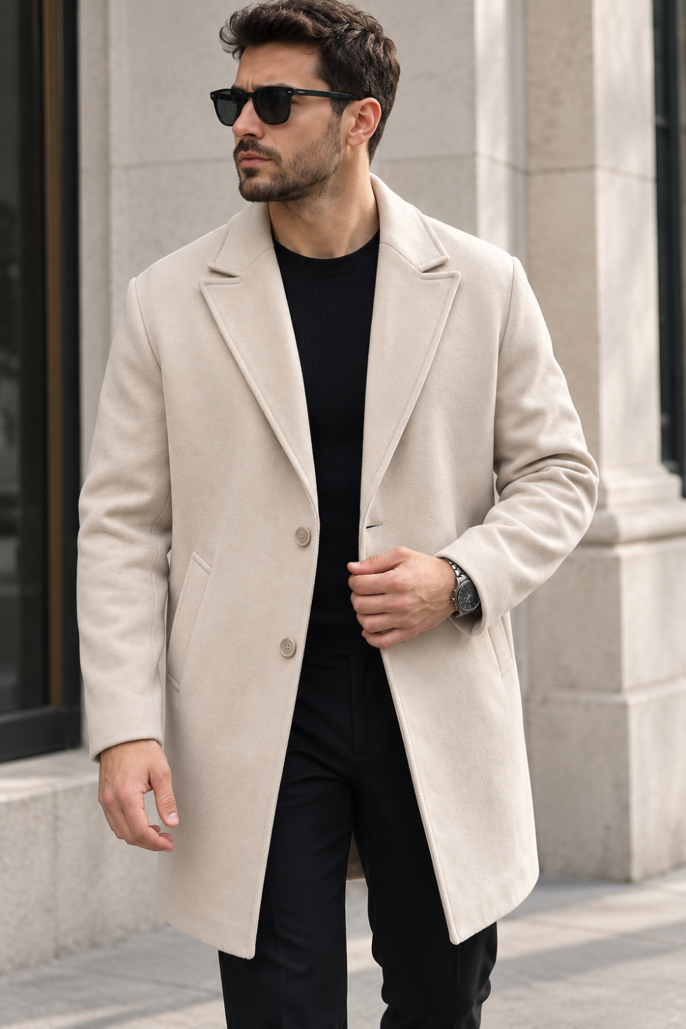 Erkek Klasik Yaka Tek Sıra Düğmeli Regular Fit Uzun Kaban - Ekru Ekru