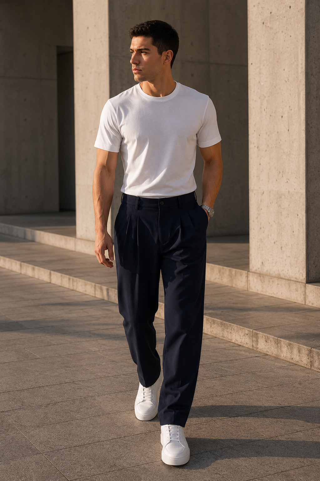 Erkek Lacivert Baggy Fit Pileli Kumaş Pantolon