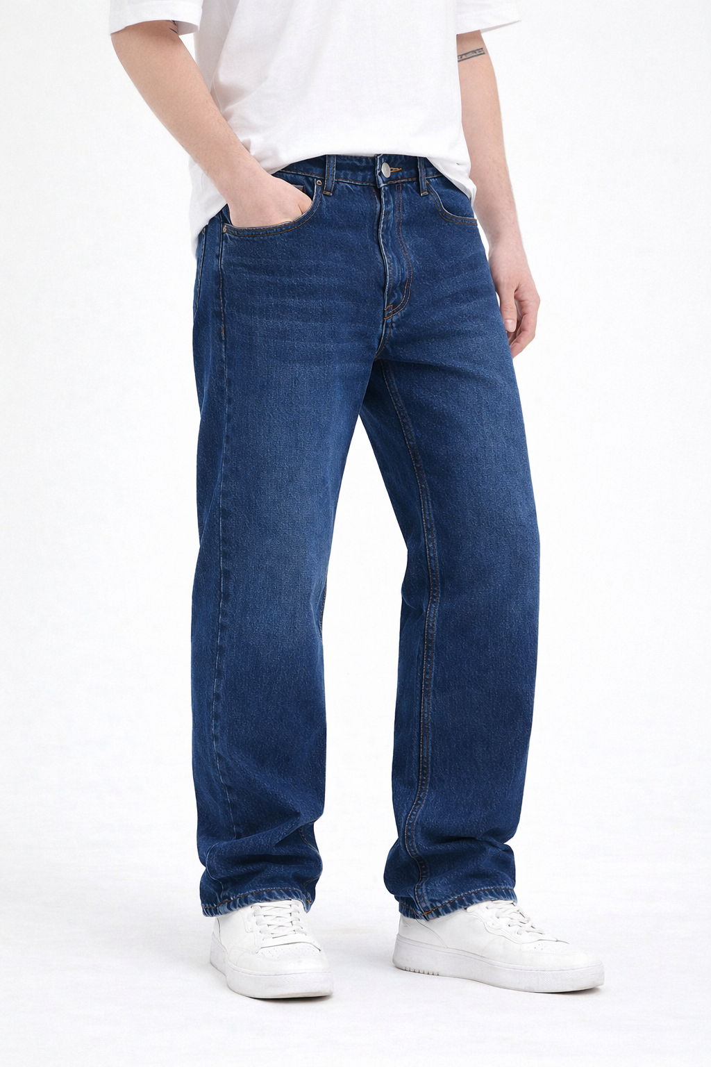 Erkek Lacivert Yıkamalı Baggy Fit Kot Pantolon