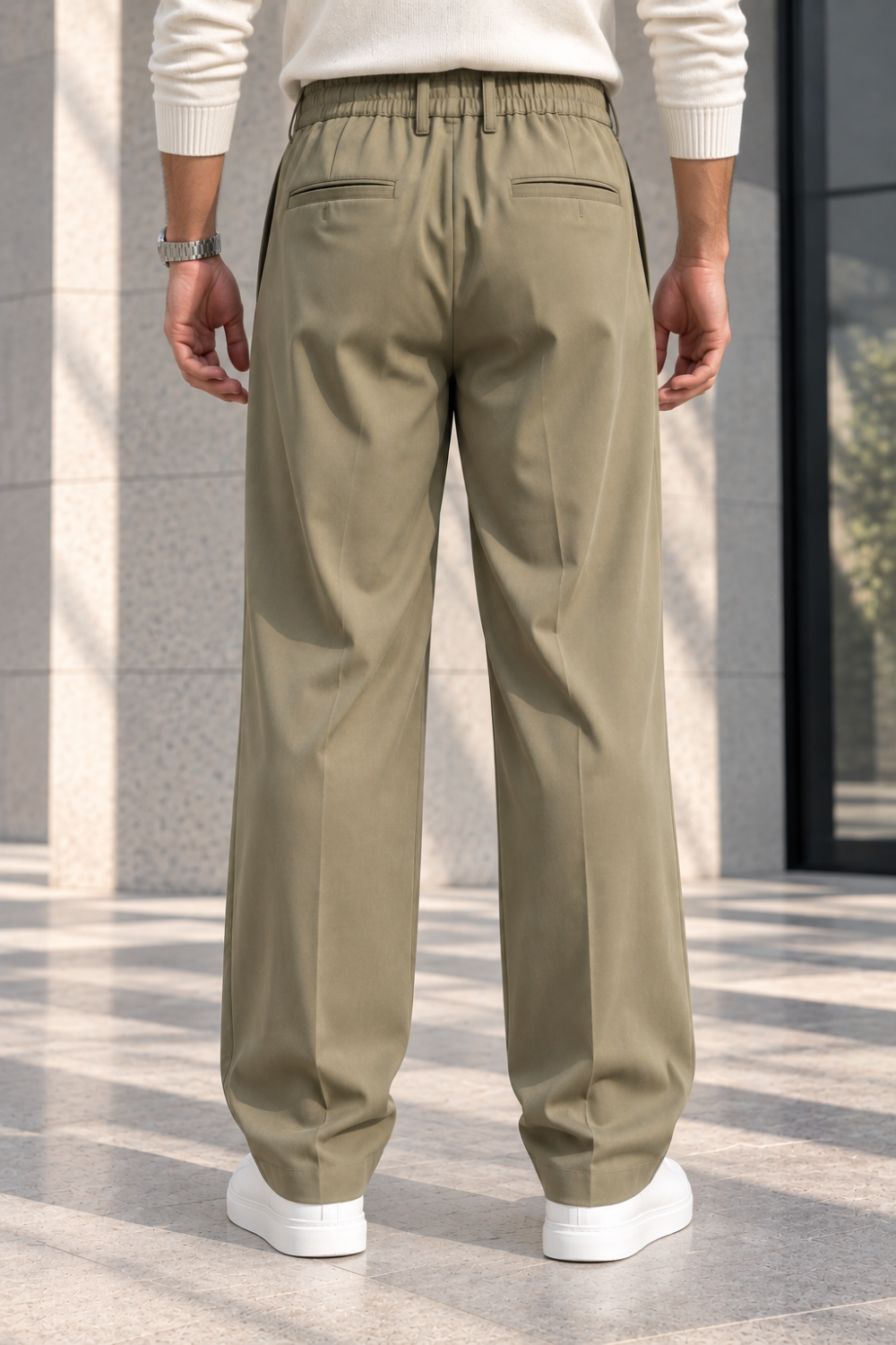 Erkek Likralı Pileli Baggy Fit Pantolon - Haki Haki