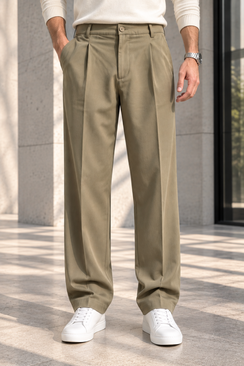 Erkek Likralı Pileli Baggy Fit Pantolon - Haki Haki
