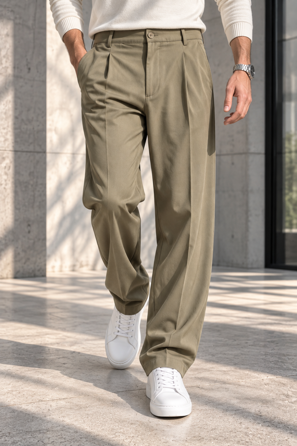 Erkek Likralı Pileli Baggy Fit Pantolon - Haki Haki