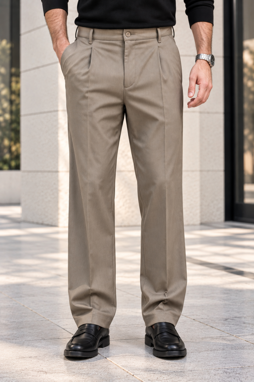 Erkek Likralı Pileli Baggy Fit Pantolon - Bej Bej