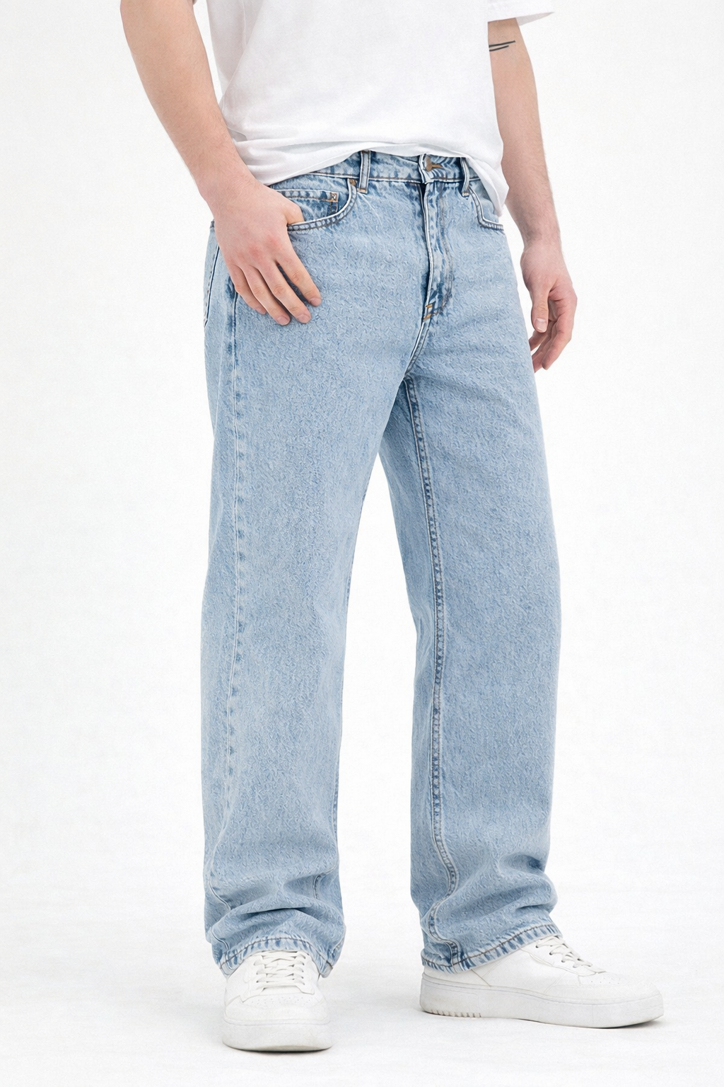 Erkek Mavi Yıkamalı Baggy Fit Kot Pantolon
