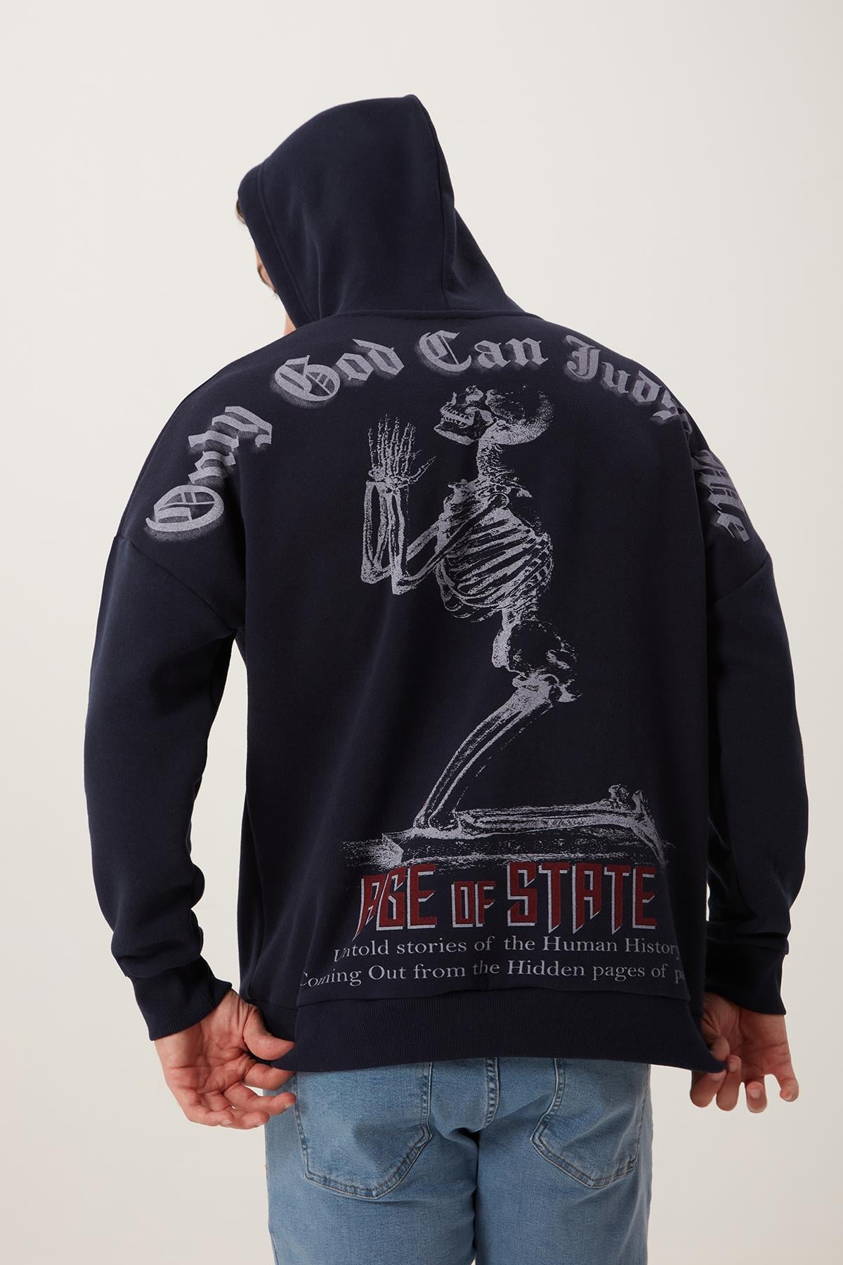 Erkek 3 İplik Pamuklu İçi Polarlı Ön Arka Baskılı Oversize Kapüşonlu Lacivert Sweatshirt