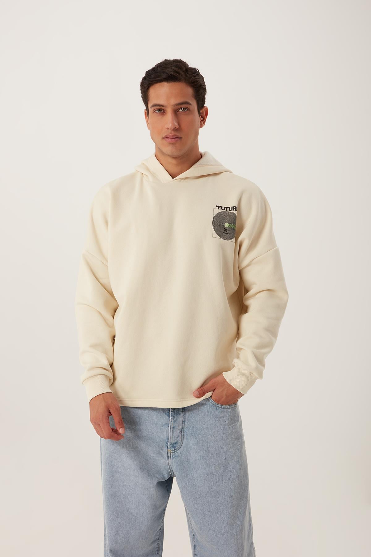 Erkek Oversize Baskılı Sweatshirt Ekru