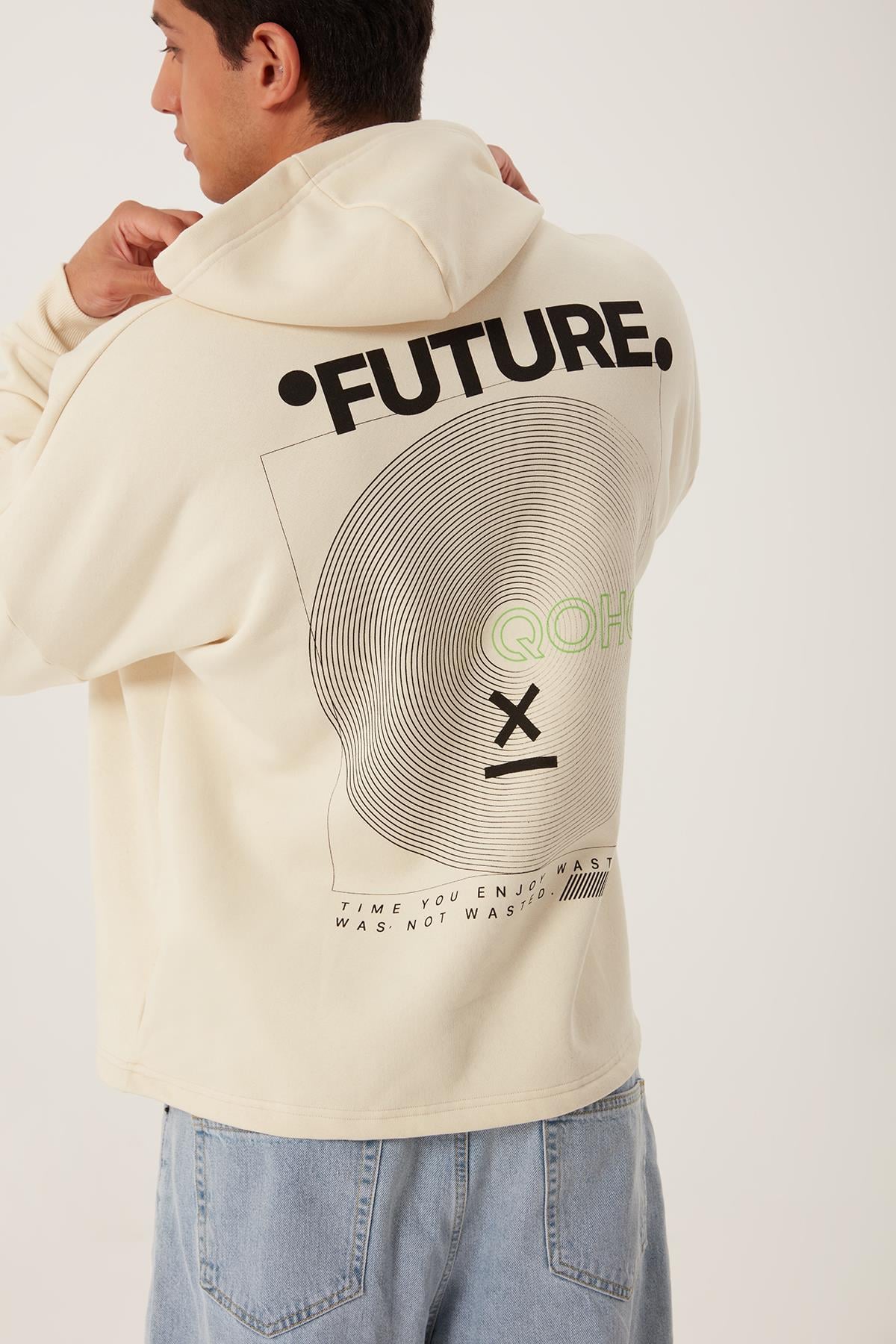 Erkek Oversize Baskılı Sweatshirt Ekru