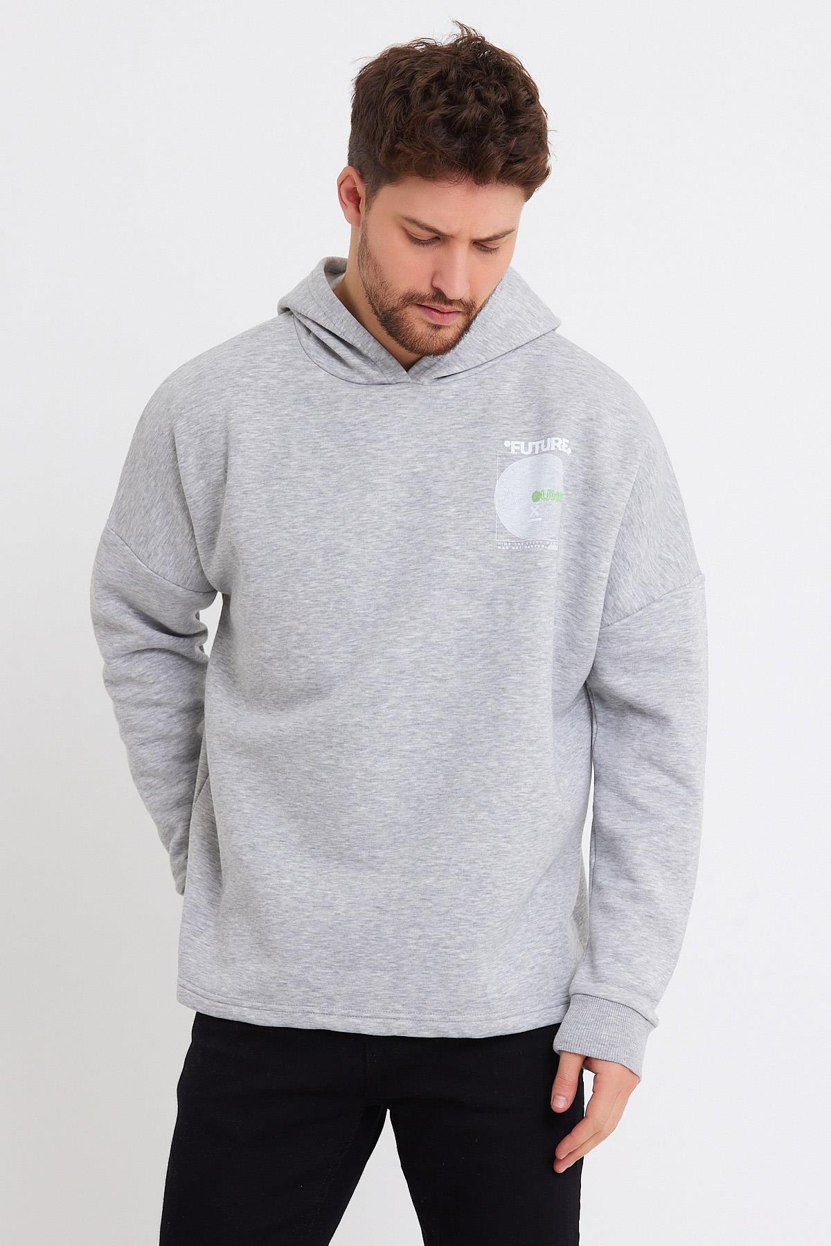 Erkek Oversize Baskılı Sweatshirt Gri Melanj