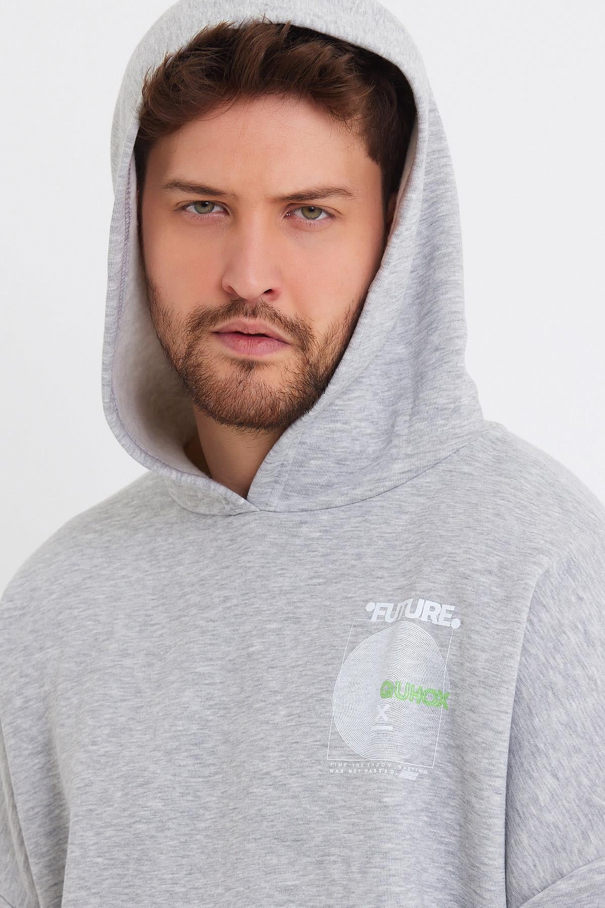 Erkek Oversize Baskılı Sweatshirt Gri Melanj