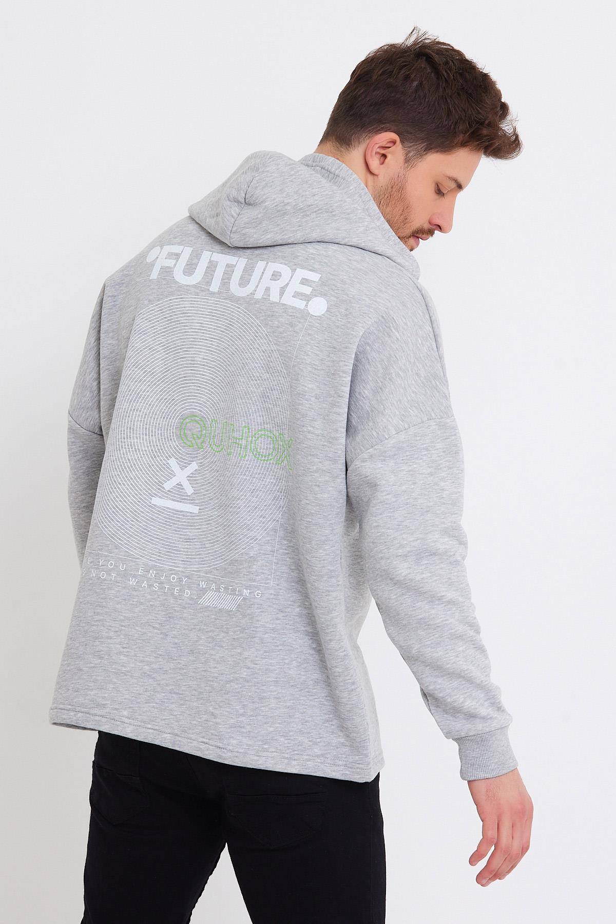 Erkek Oversize Baskılı Sweatshirt Gri Melanj