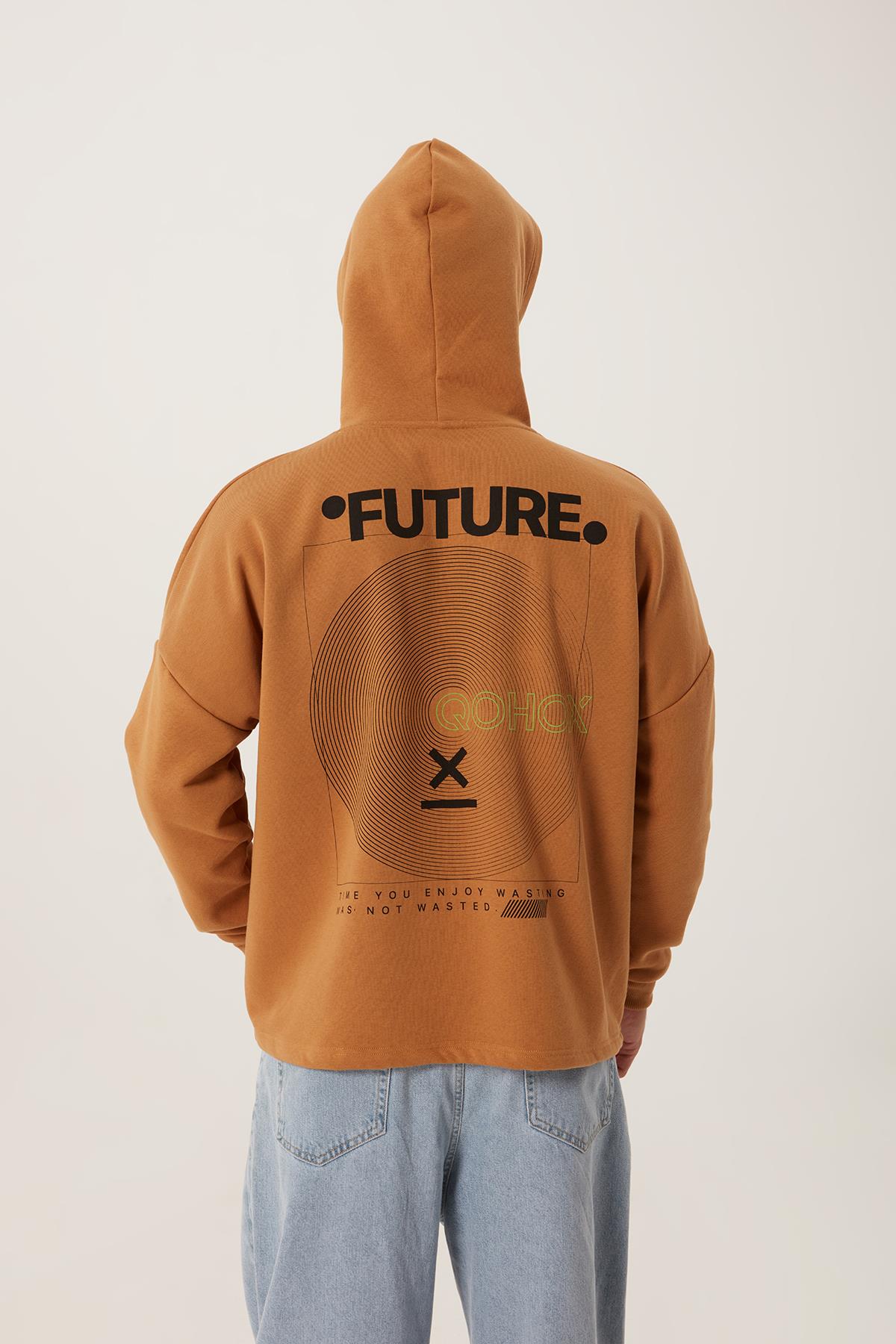 Erkek Oversize Baskılı Sweatshirt Kahverengi