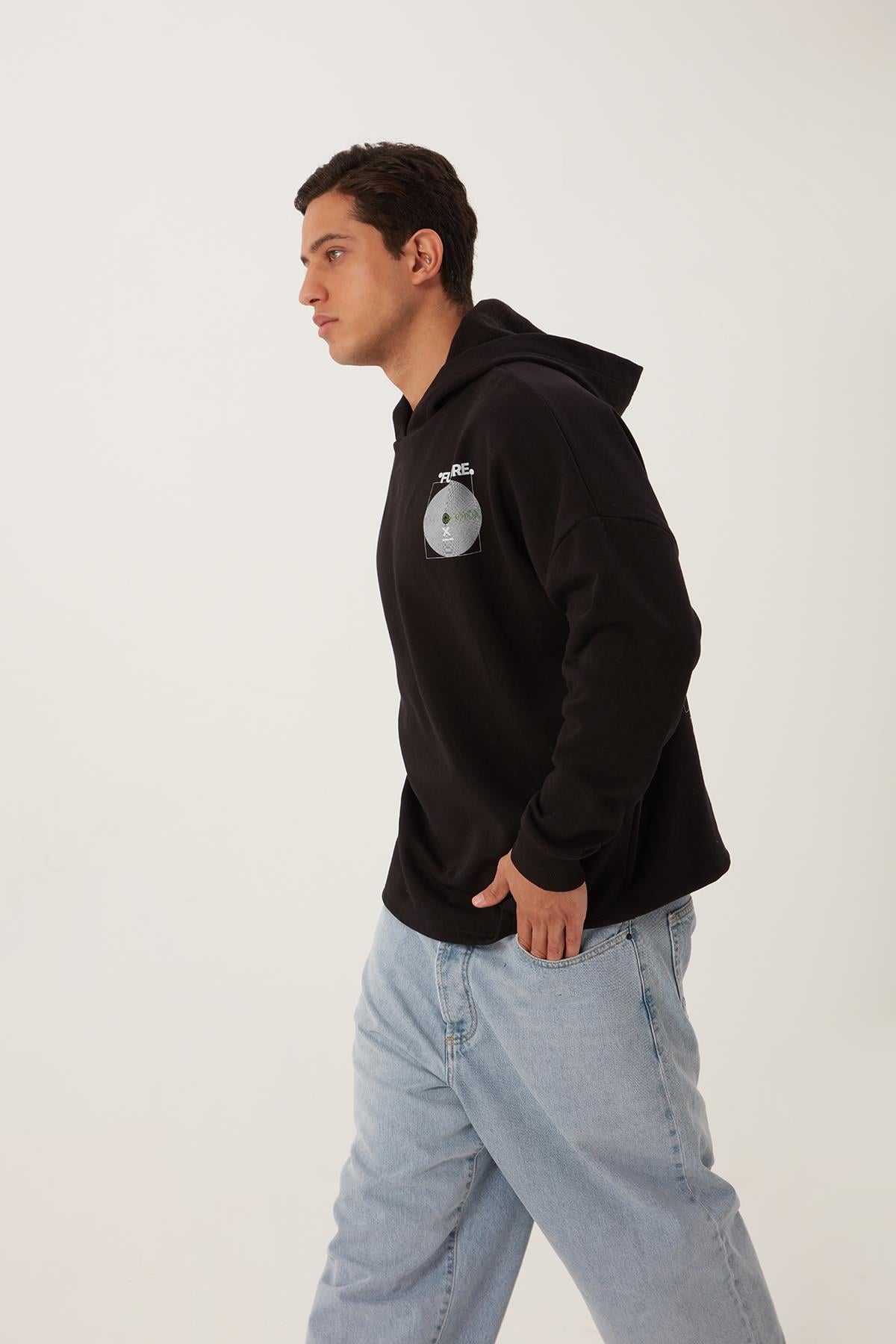Erkek Oversize Baskılı Sweatshirt Siyah