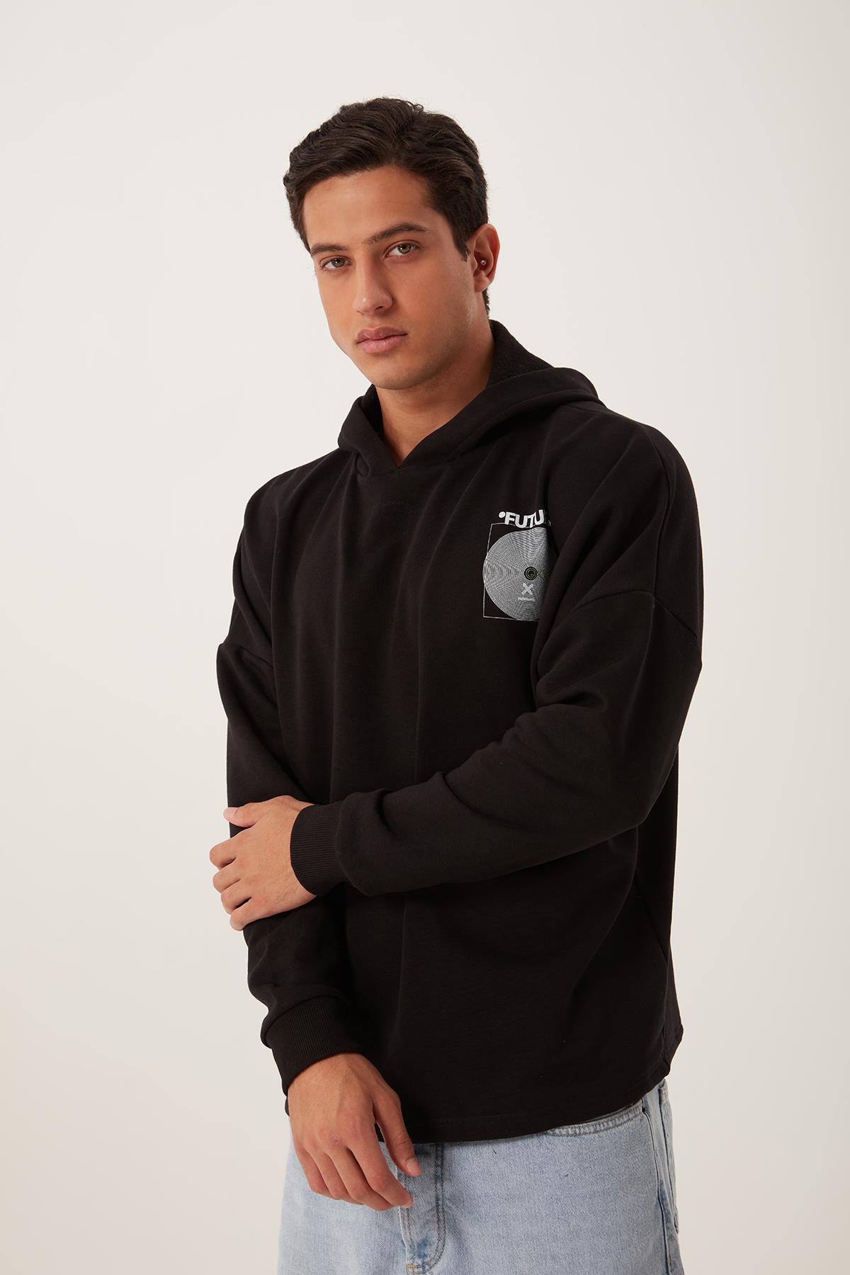 Erkek Oversize Baskılı Sweatshirt Siyah