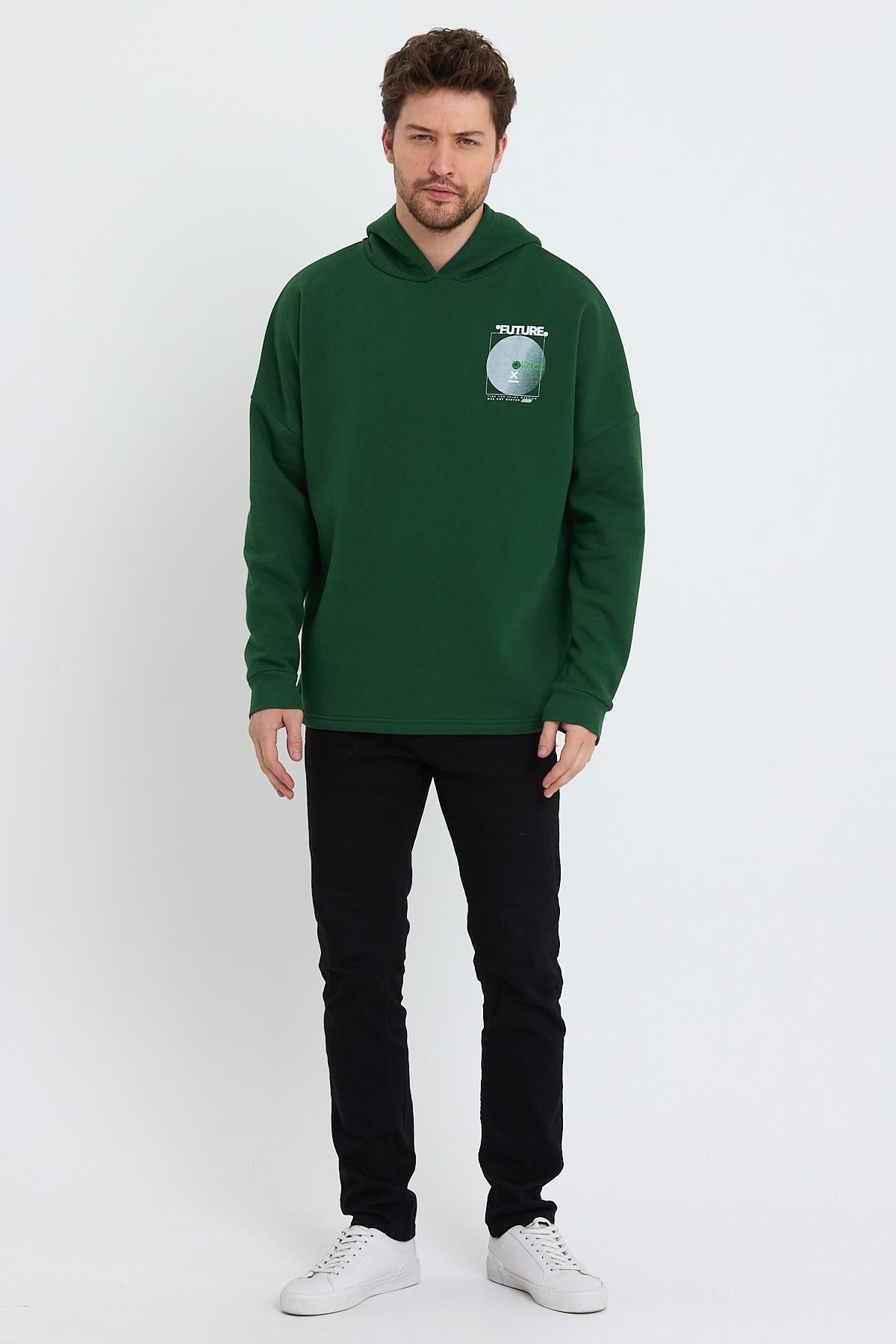 Erkek Oversize Baskılı Sweatshirt Yeşil