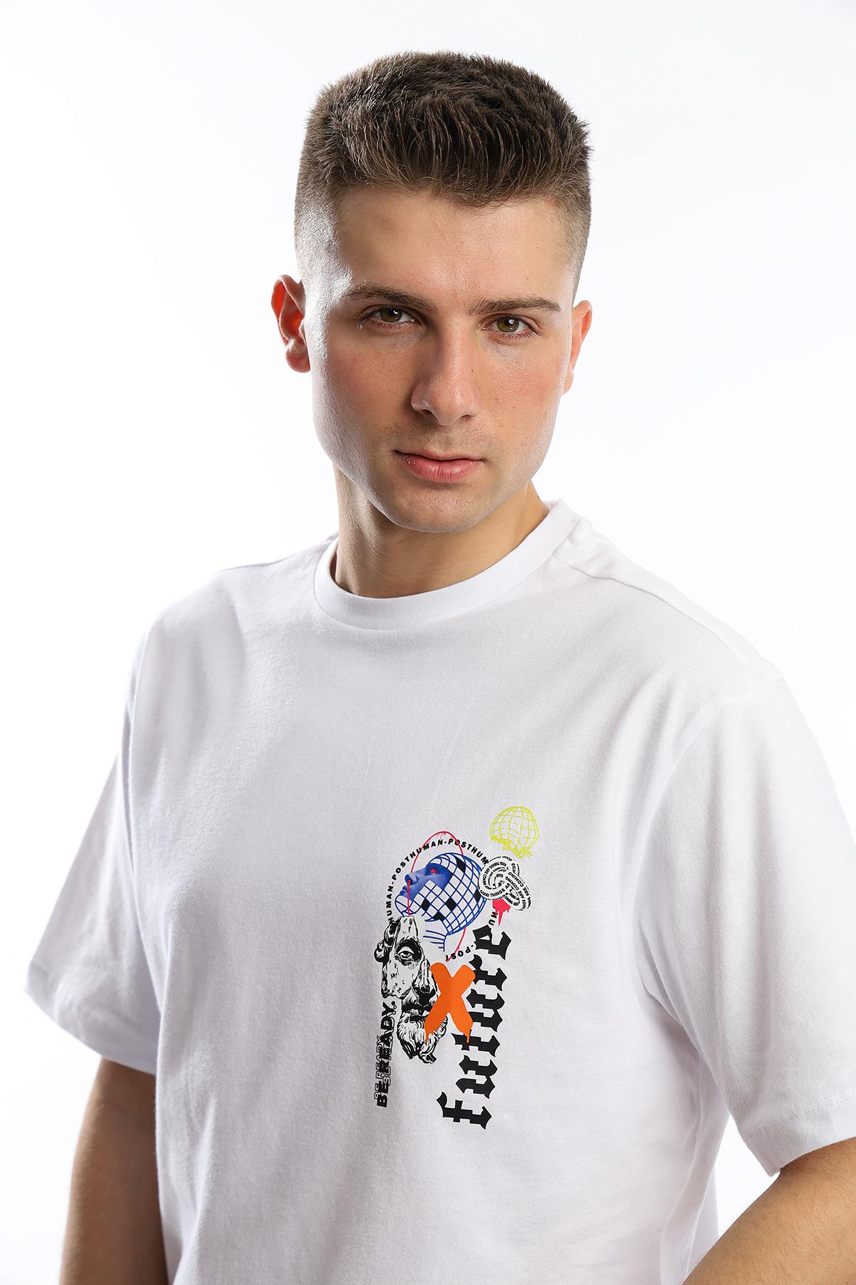 Erkek Oversize Fit Future Baskılı Basic Tişört Beyaz