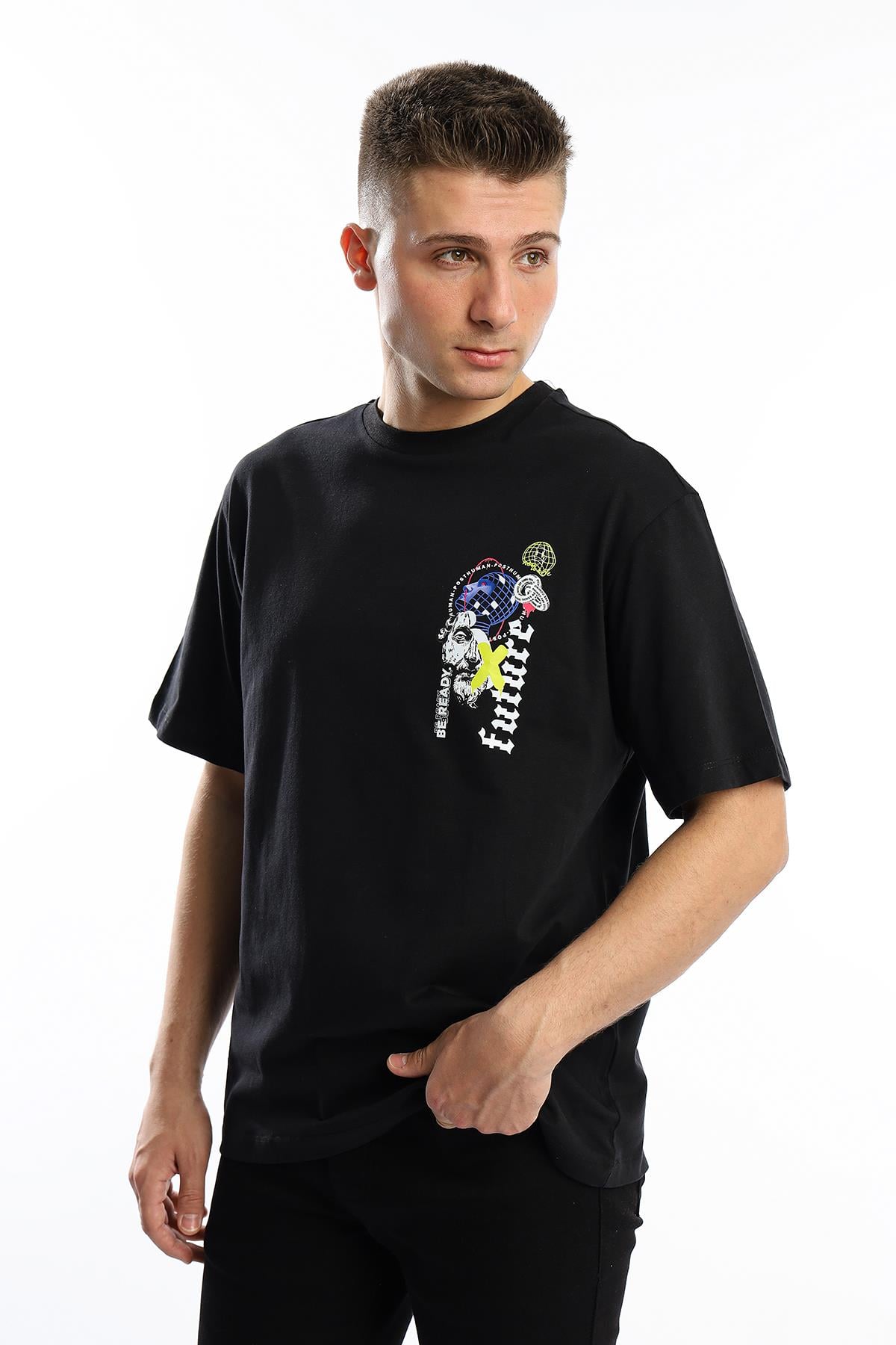 Erkek Oversize Fit Future Baskılı Basic Tişört Siyah