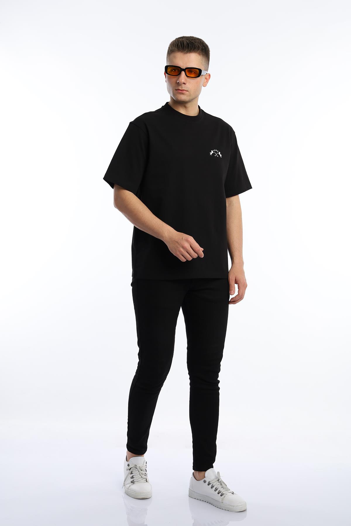 Erkek Oversize Fit Göğüs Baskılı Basic Tişört Siyah