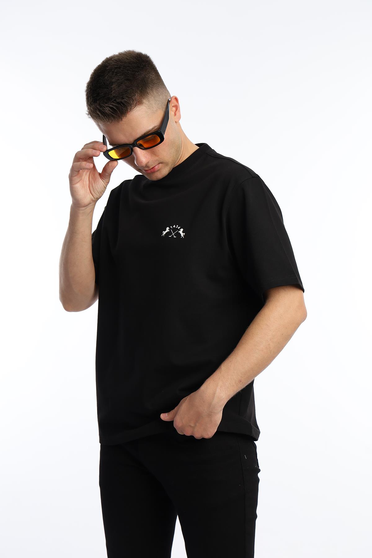 Erkek Oversize Fit Göğüs Baskılı Basic Tişört Siyah