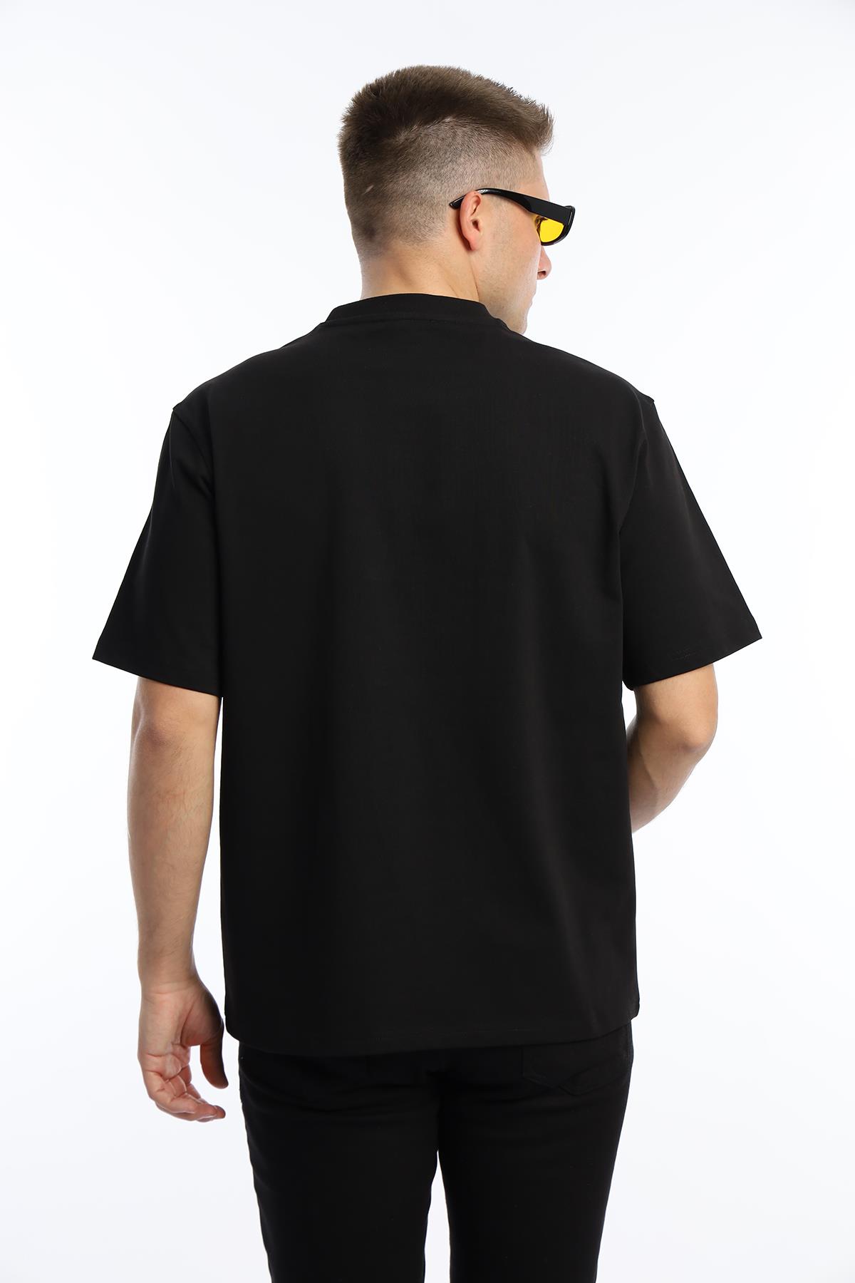 Erkek Oversize Fit Göğüs Baskılı Basic Tişört Siyah