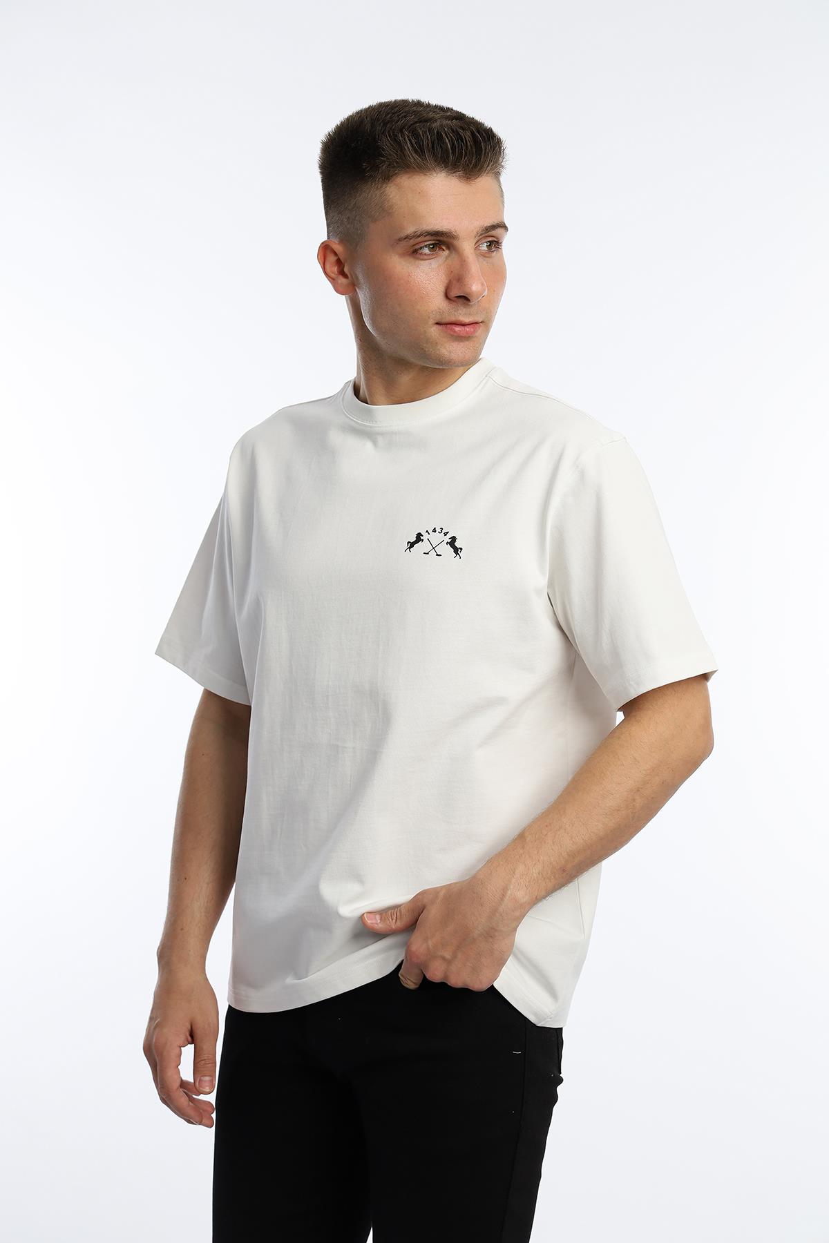 Erkek Oversize Fit Göğüs Baskılı Basic Tişört Beyaz
