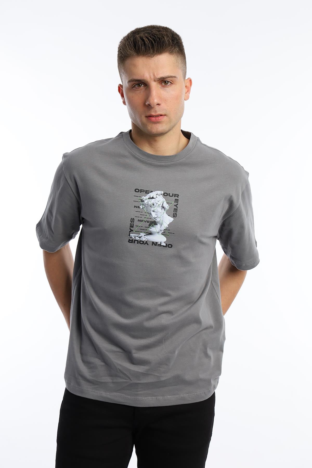 Erkek Oversize Fit Open Your Eyes Baskılı Tişört Gri