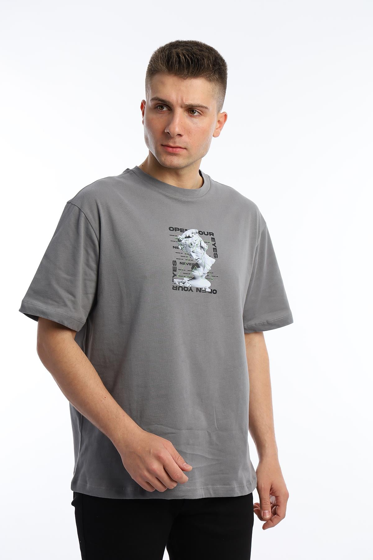 Erkek Oversize Fit Open Your Eyes Baskılı Tişört Gri