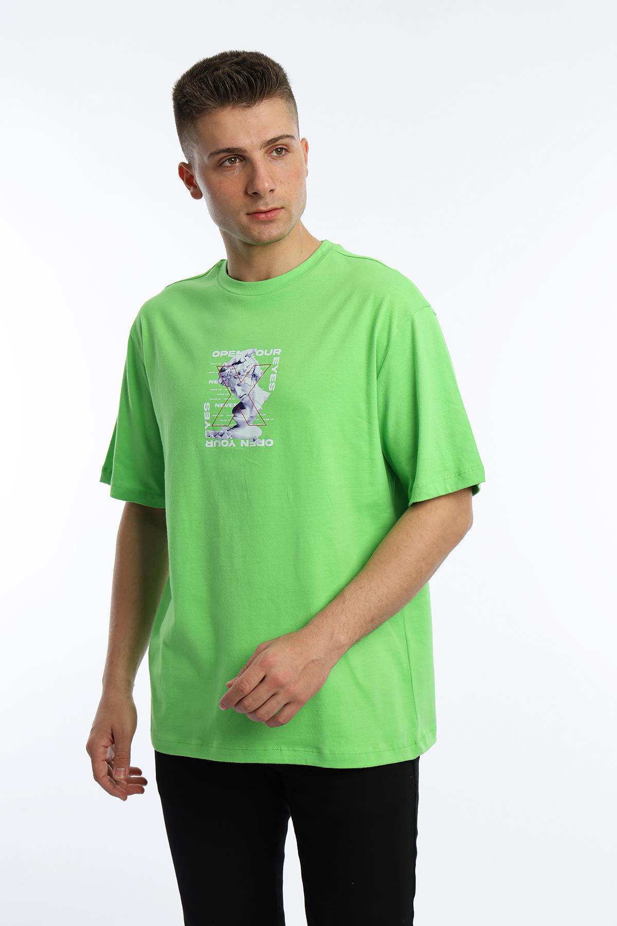Erkek Oversize Fit Open Your Eyes Baskılı Tişört Yeşil