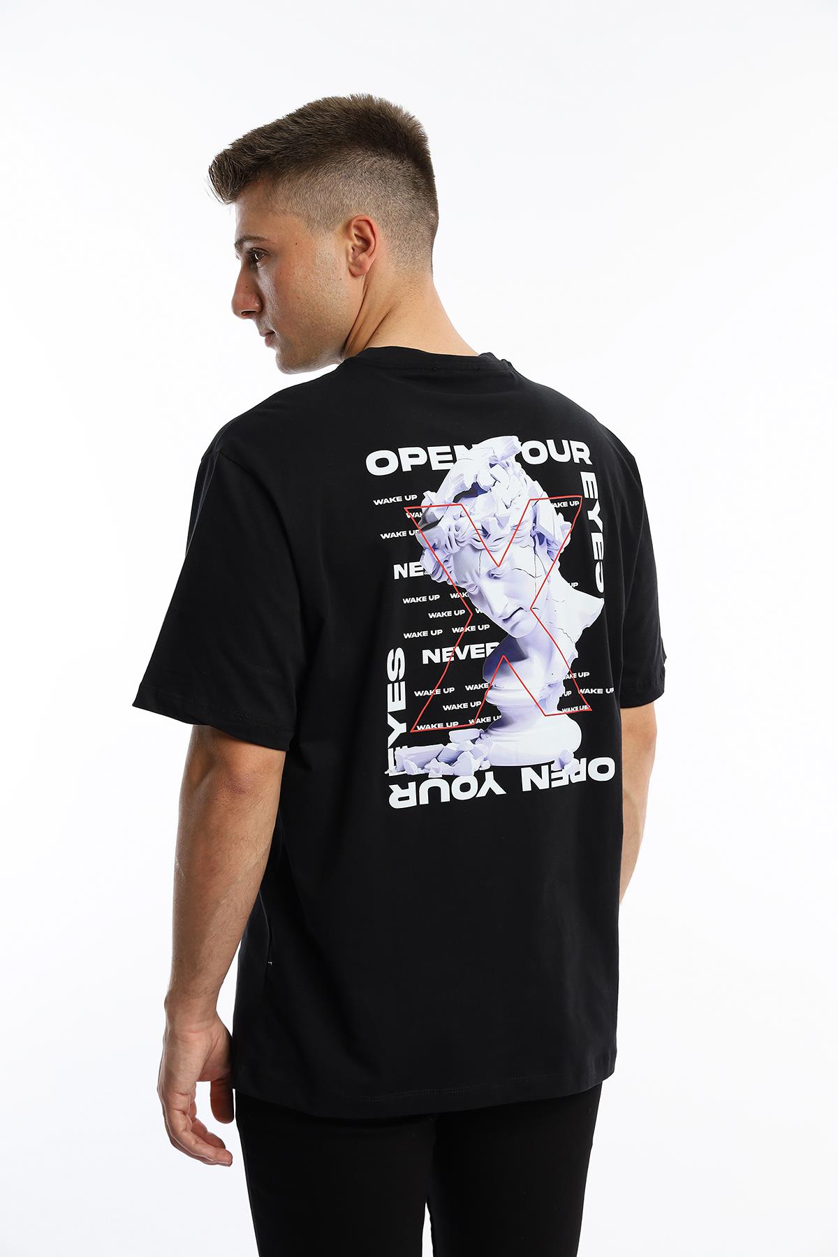 Erkek Oversize Fit Open Your Eyes Baskılı Tişört Siyah