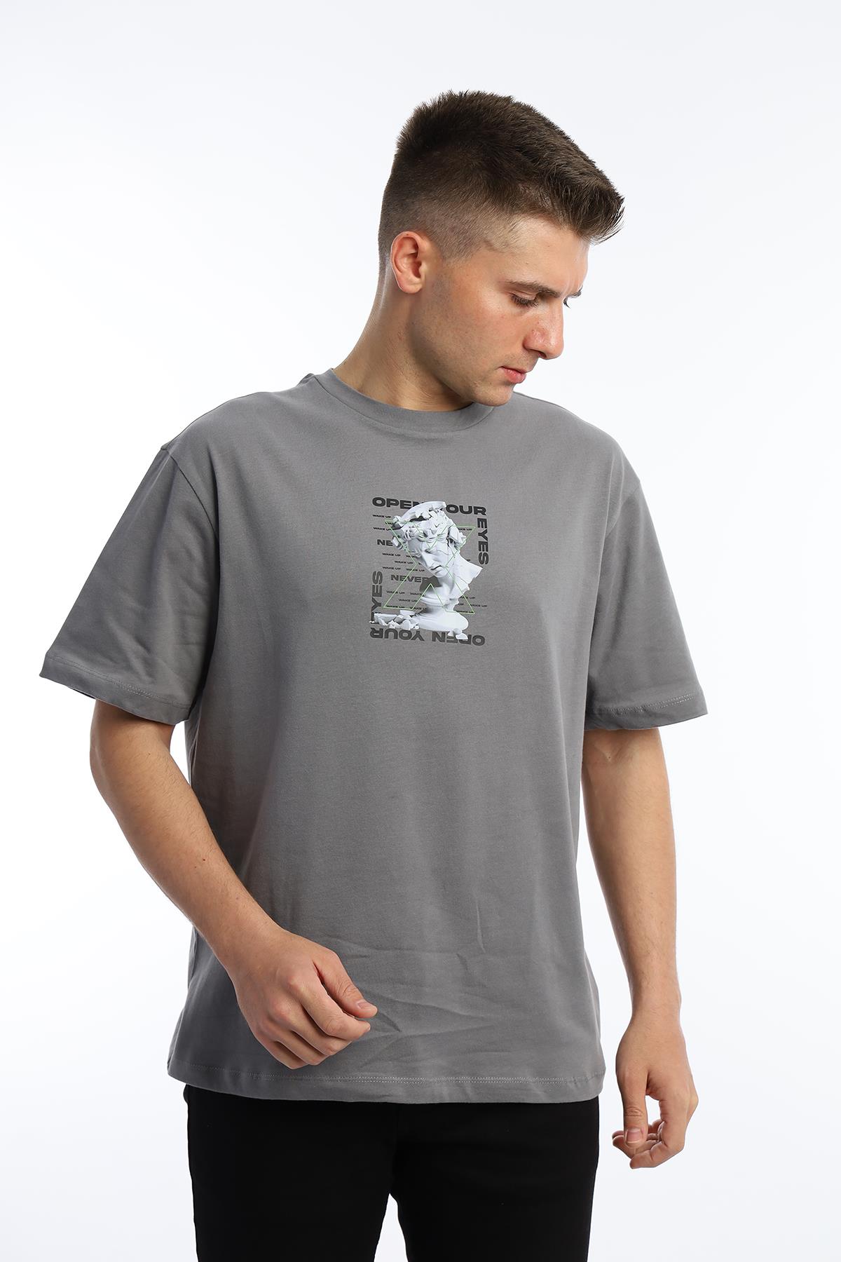 Erkek Oversize Fit Open Your Eyes Baskılı Tişört Gri