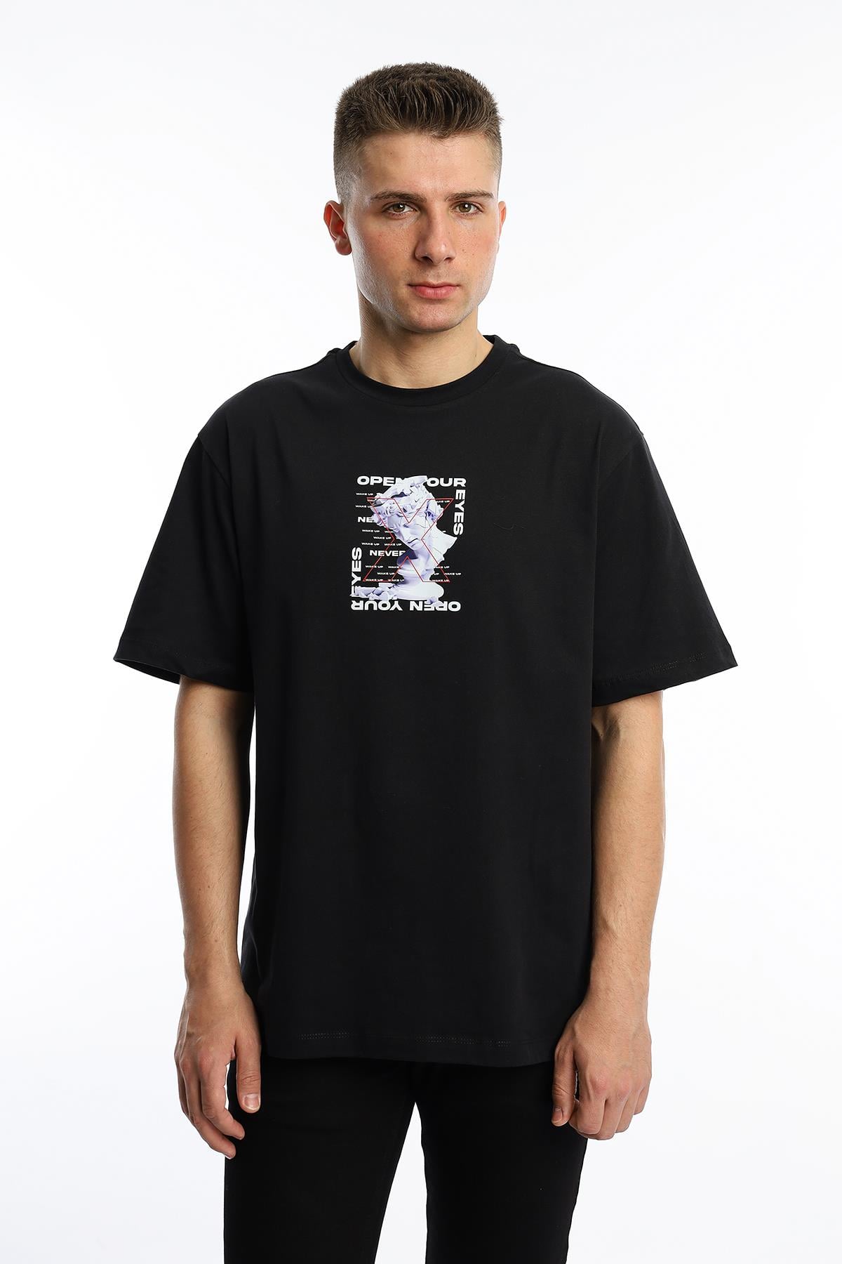 Erkek Oversize Fit Open Your Eyes Baskılı Tişört Siyah