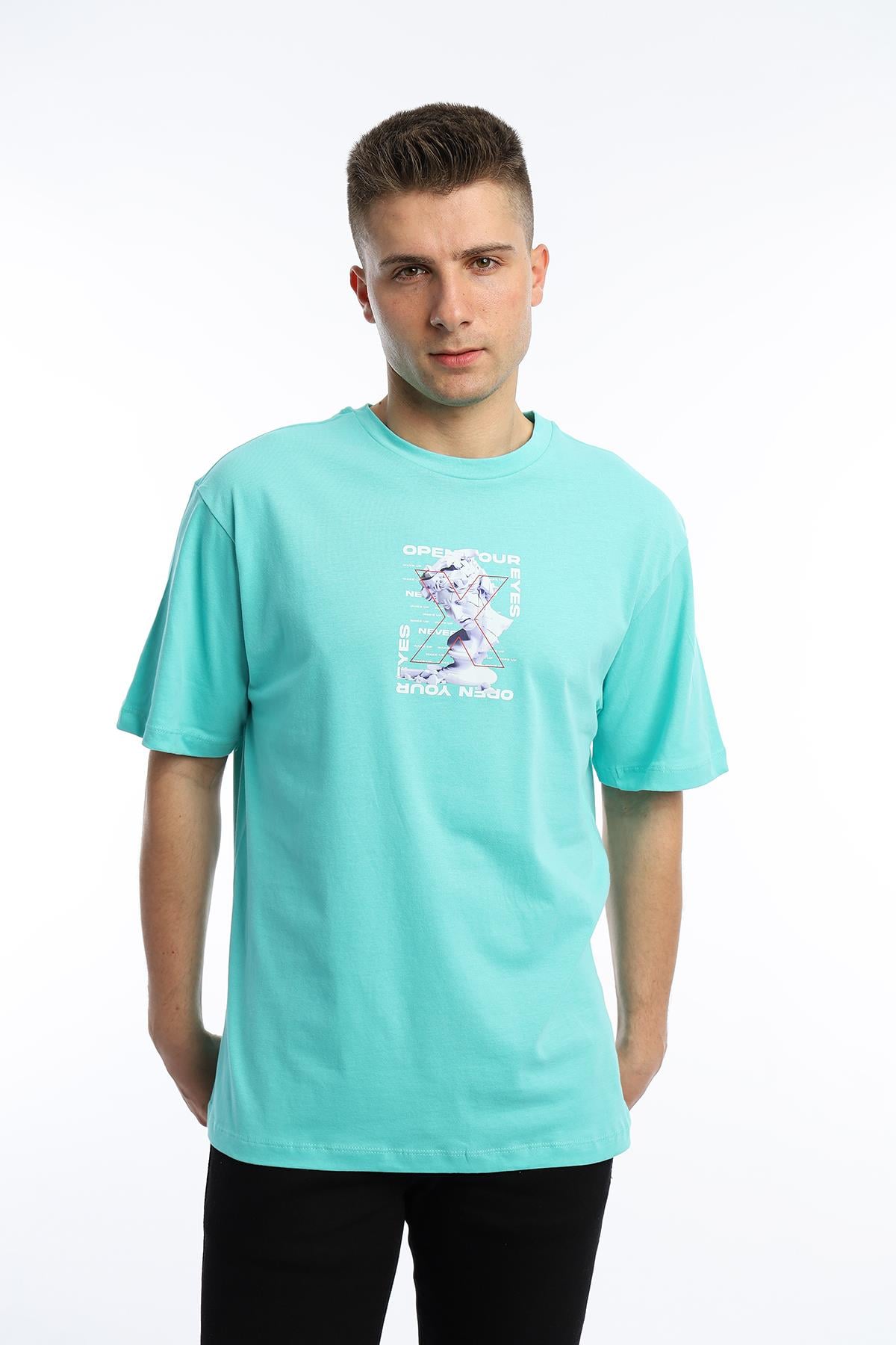 Erkek Oversize Fit Open Your Eyes Baskılı Tişört Turkuaz
