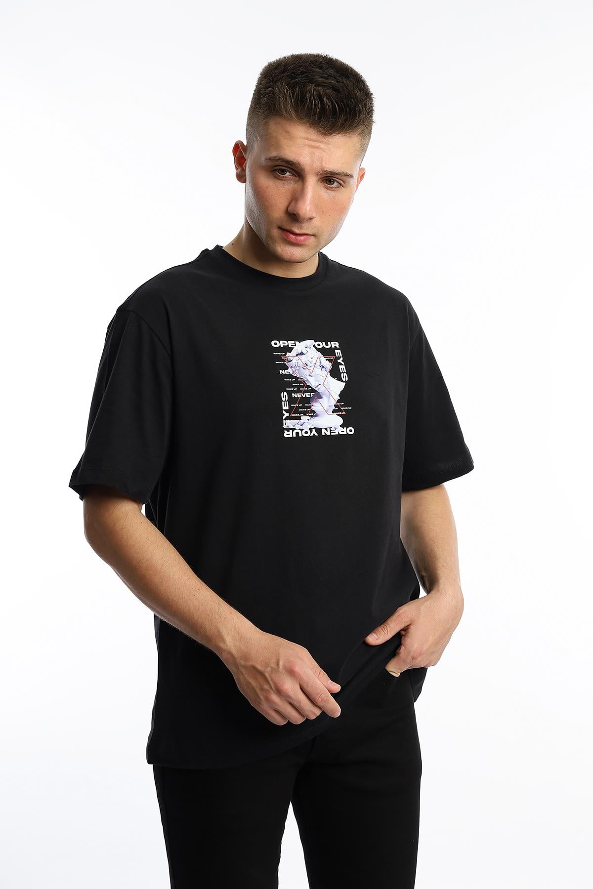 Erkek Oversize Fit Open Your Eyes Baskılı Tişört Siyah