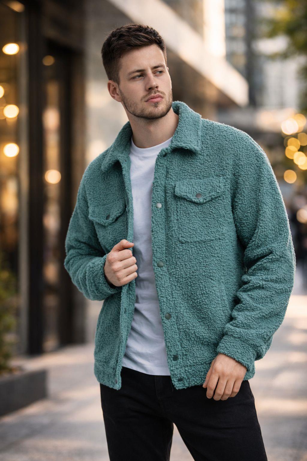Erkek Oversize İçi Polarlı Peluş Sherpa Ceket Petrol