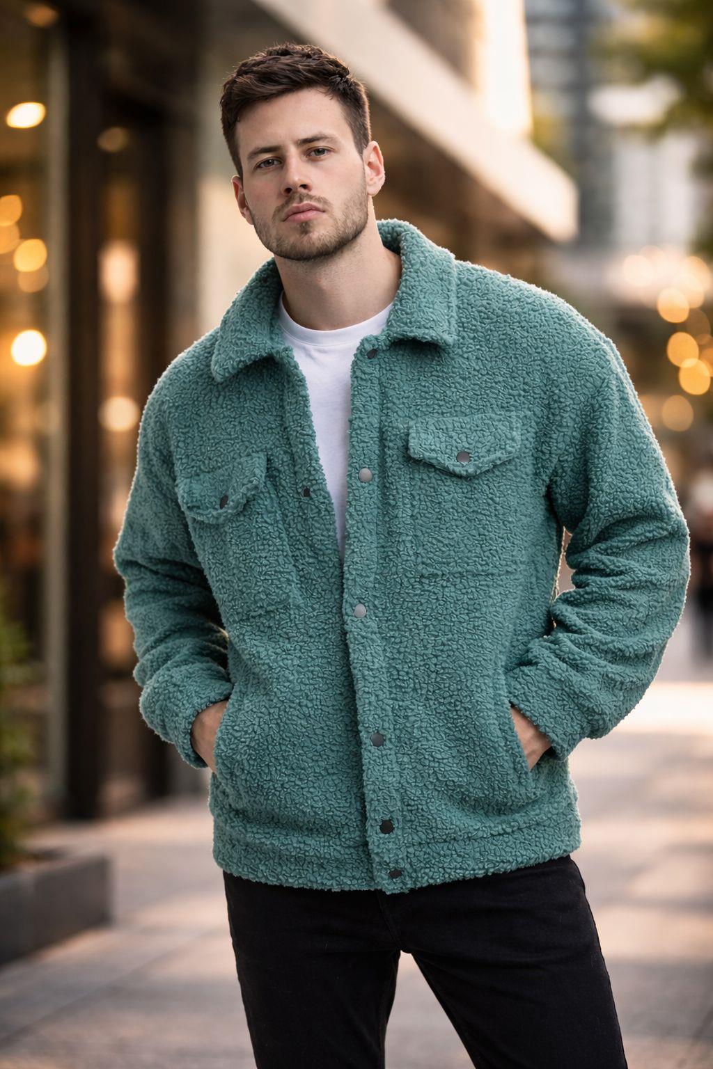 Erkek Oversize İçi Polarlı Peluş Sherpa Ceket Petrol