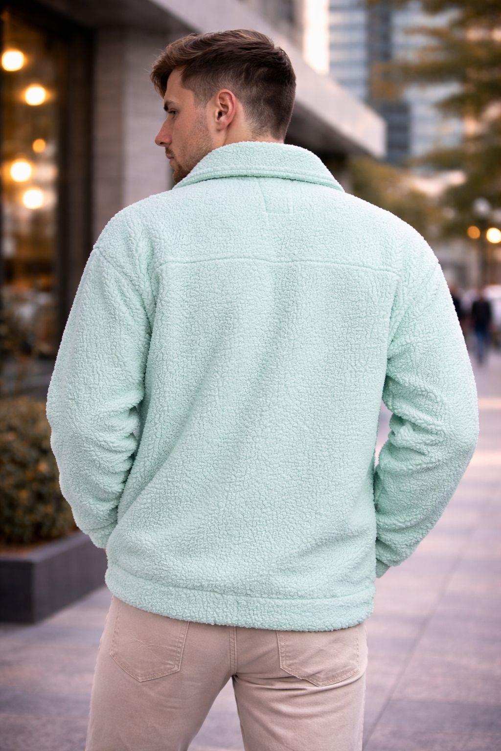 Erkek Oversize İçi Polarlı Peluş Sherpa Ceket Mint
