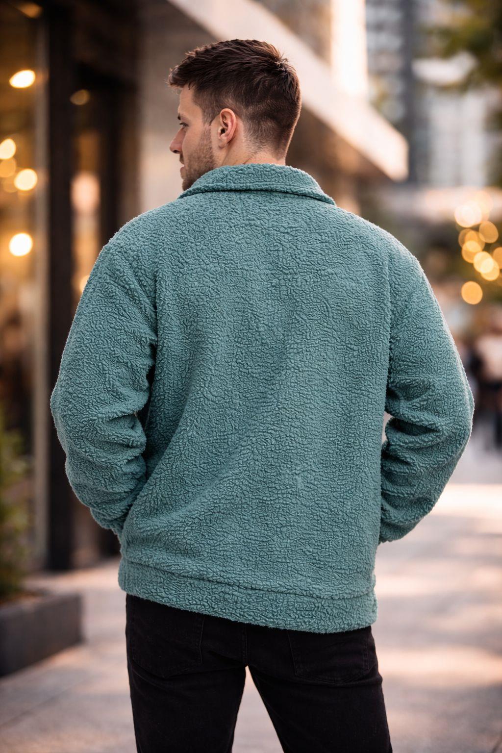 Erkek Oversize İçi Polarlı Peluş Sherpa Ceket Petrol