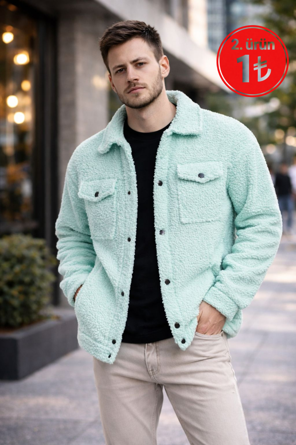 Erkek Oversize İçi Polarlı Peluş Sherpa Ceket Mint