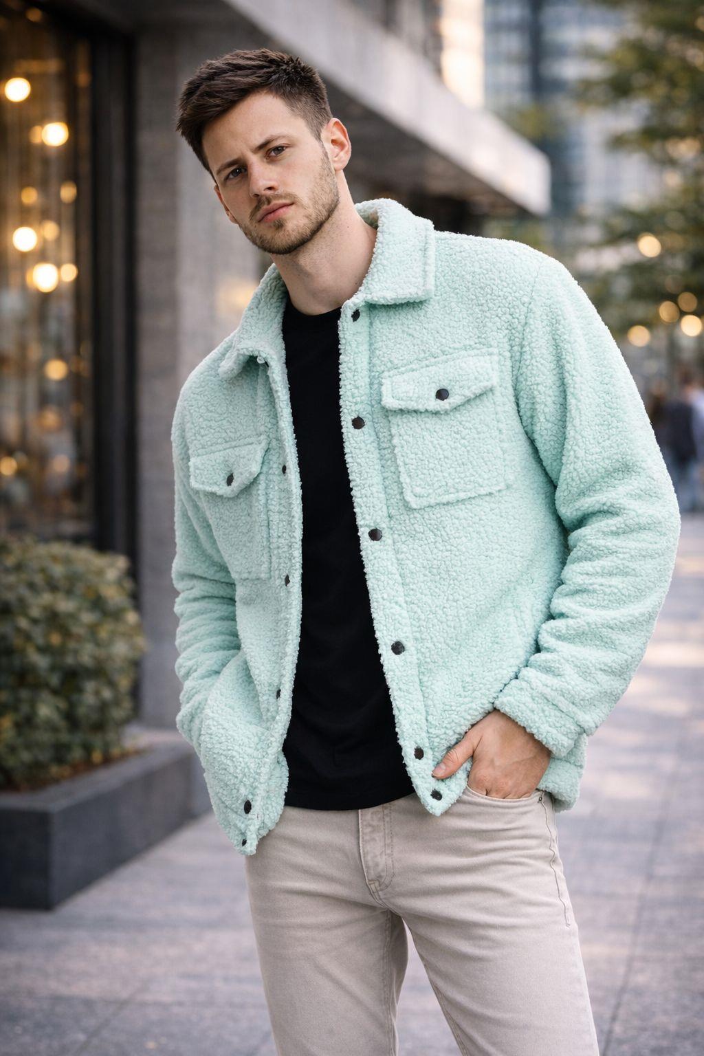 Erkek Oversize İçi Polarlı Peluş Sherpa Ceket Mint