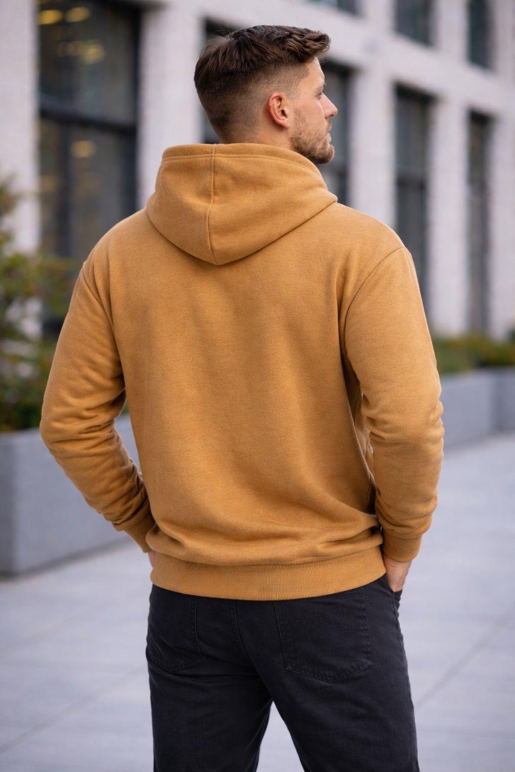 Erkek Oversize Kapüşonlu Kanguru Cepli 3 İplik İçi Polarlı Kahverengi Sweatshirt