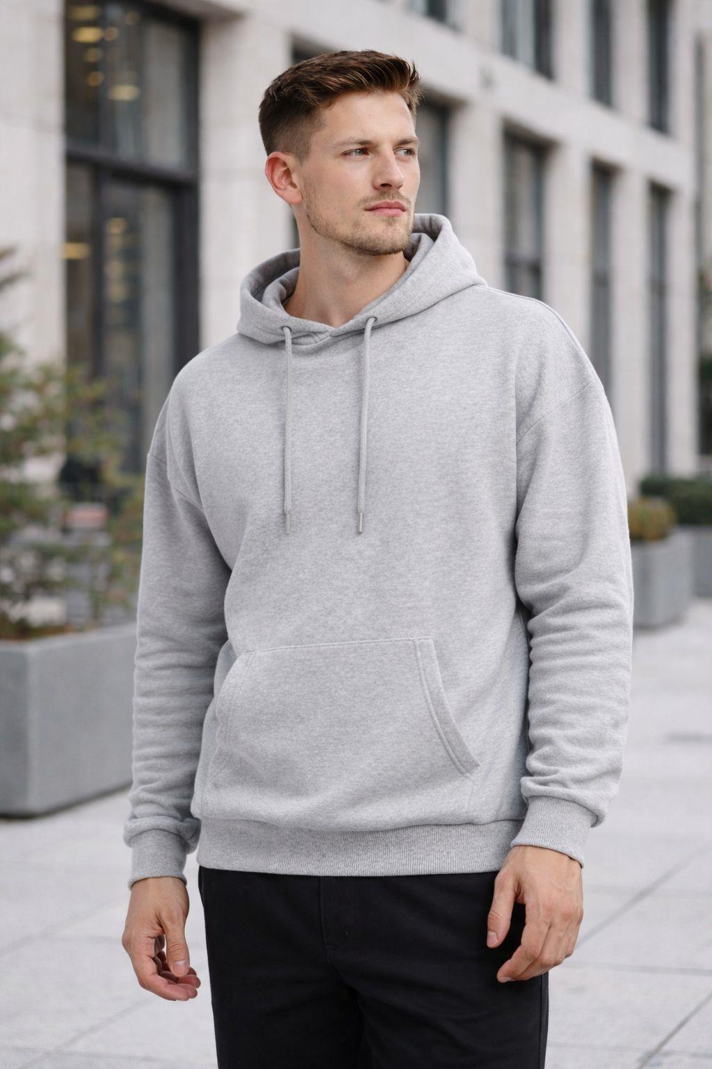 Erkek Oversize Kapüşonlu Kanguru Cepli 3 İplik İçi Polarlı Gri Sweatshirt