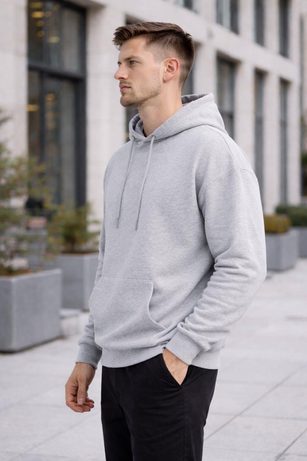 Erkek Oversize Kapüşonlu Kanguru Cepli 3 İplik İçi Polarlı Gri Sweatshirt