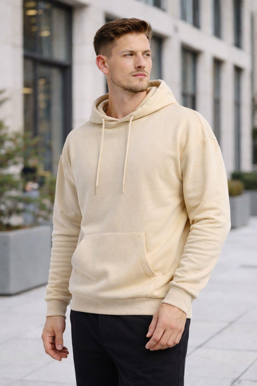 Erkek Oversize Kapüşonlu Kanguru Cepli 3 İplik İçi Polarlı Krem Sweatshirt