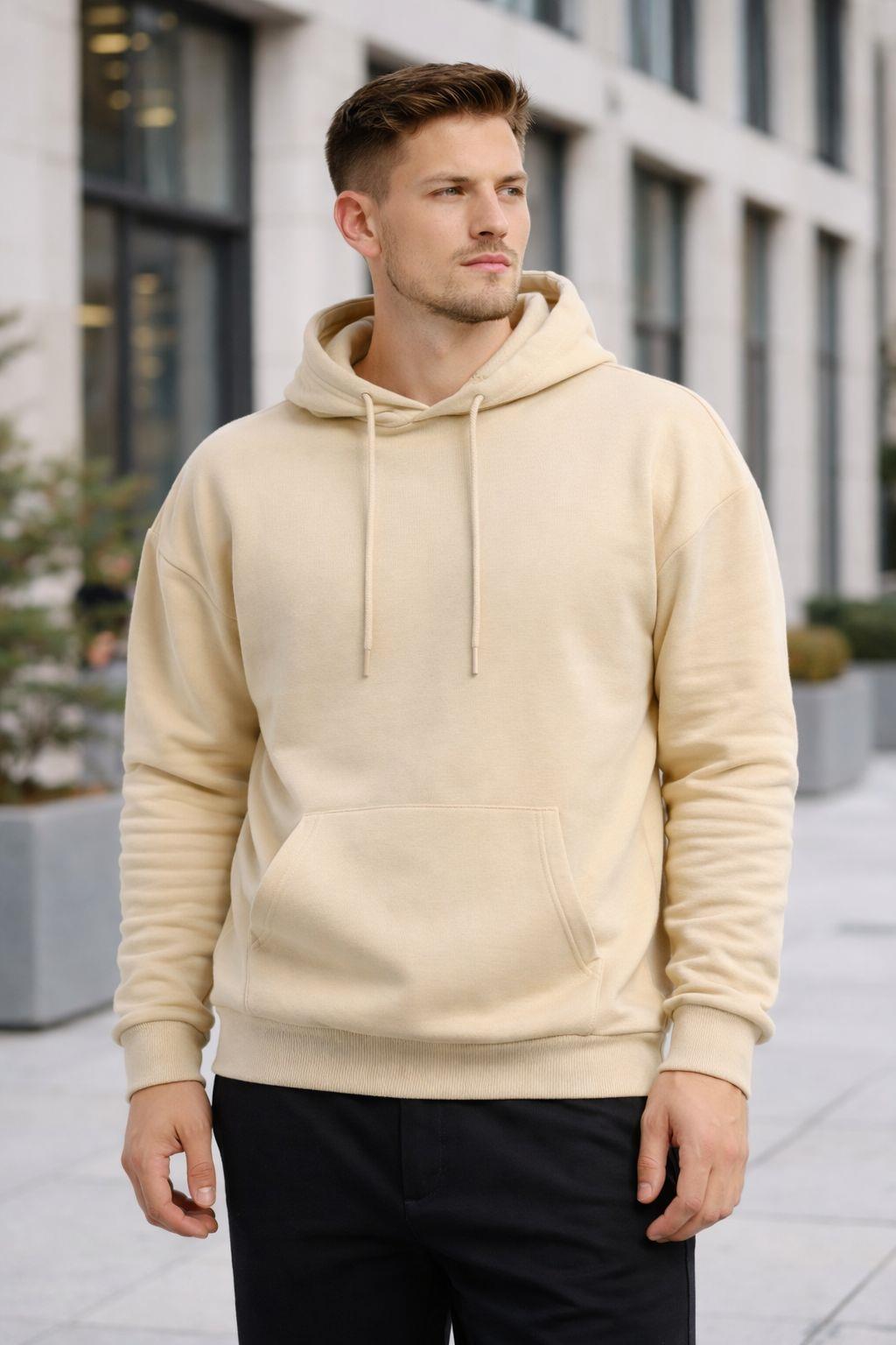 Erkek Oversize Kapüşonlu Kanguru Cepli 3 İplik İçi Polarlı Krem Sweatshirt