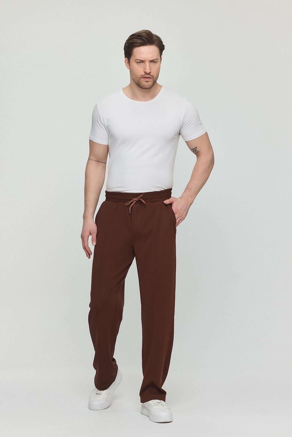 Erkek Palazzo Baggy Rahat Pantolon Kahverengi