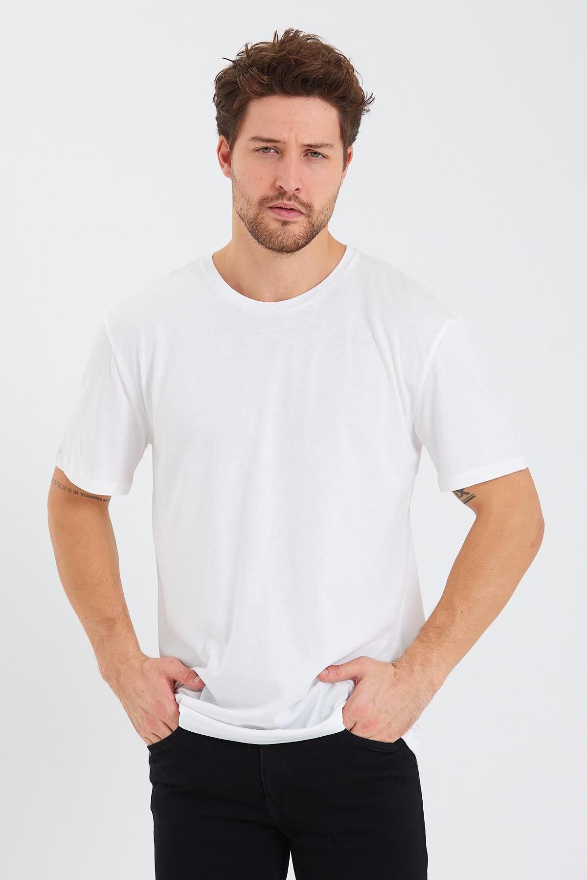 Erkek Pamuk Modal Oversize T-shirt Beyaz