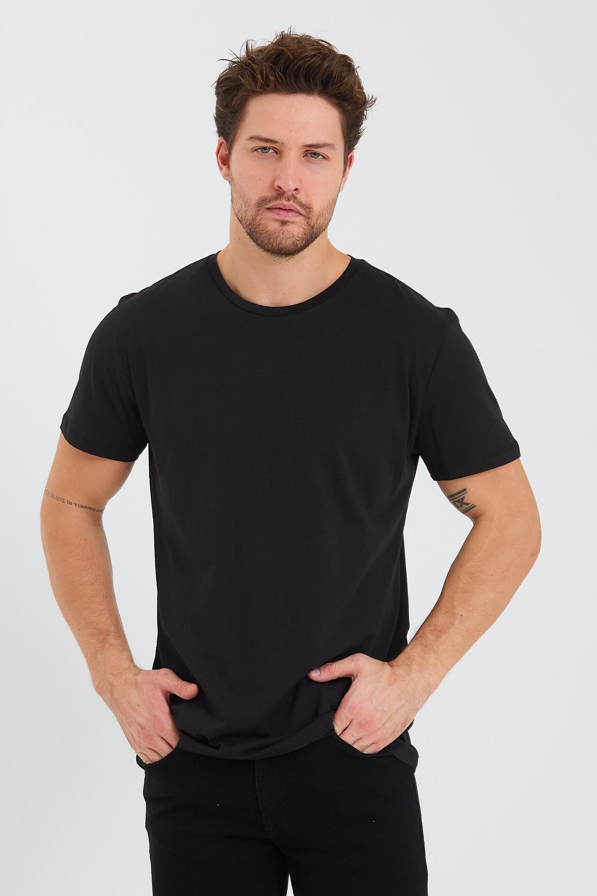 Erkek Pamuk Modal Regular Fit T-shirt Siyah