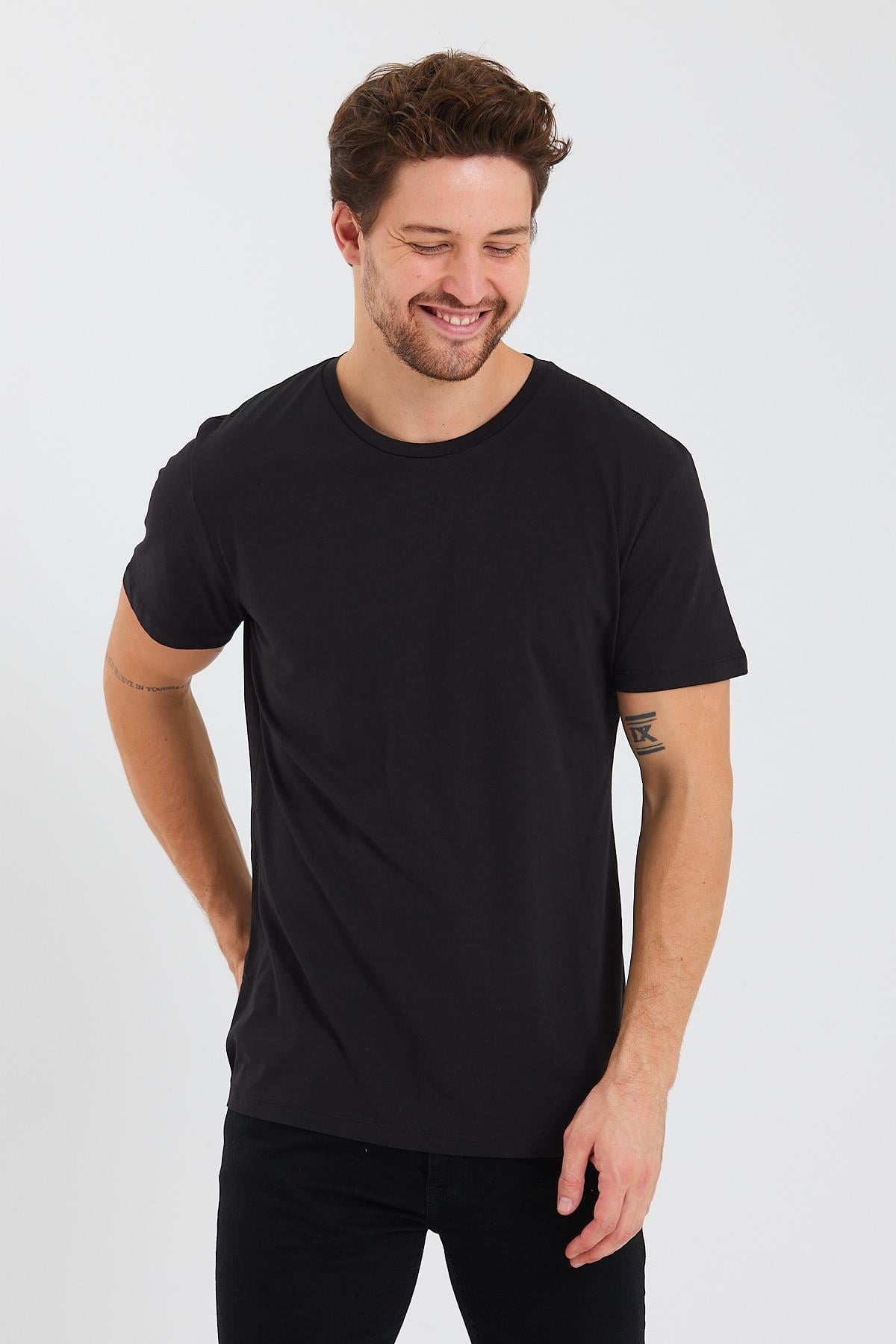 Erkek Pamuk Modal Regular Fit T-shirt Siyah